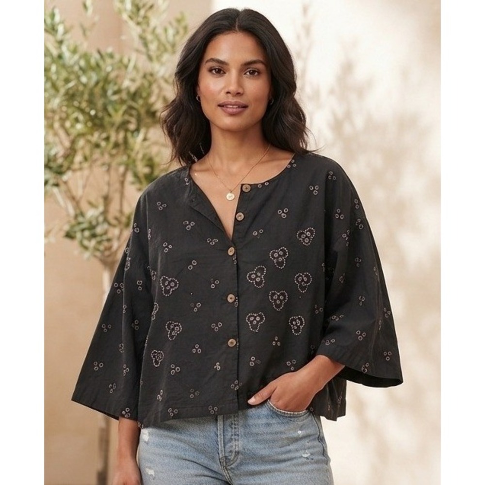 Market Place Boxy Button Up Top Sz L Hand Made in India Black Cotton Boho Casual